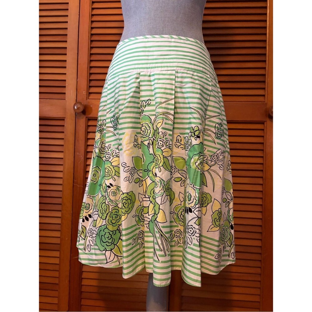 Y2K Cotton Green Girly Floral Striped A-Line Pleated Midi Skirt